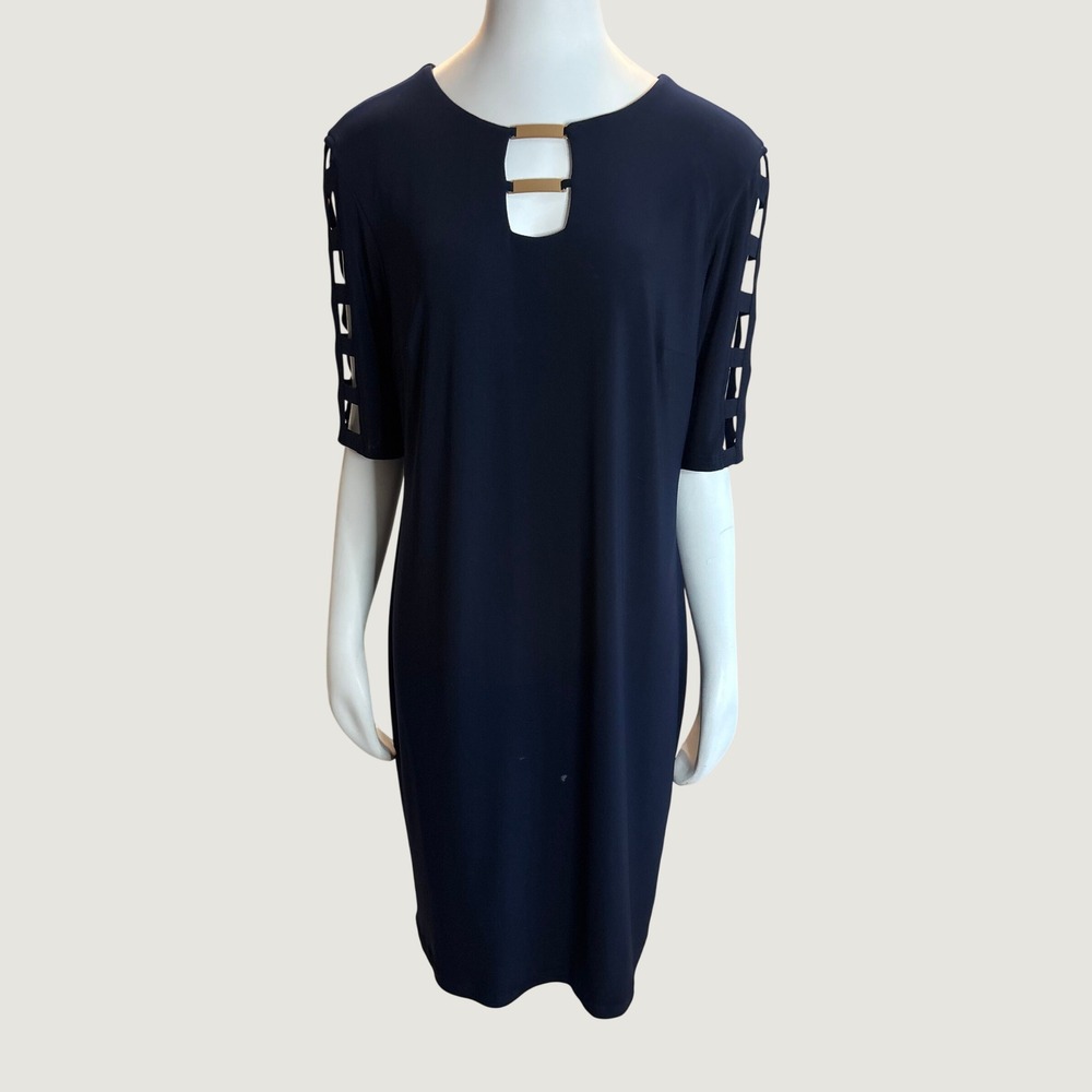 Joseph Ribkoff Navy Blue Sheath Dress Gold Bar Keyhole Lattice Sleeve Size‎ 16